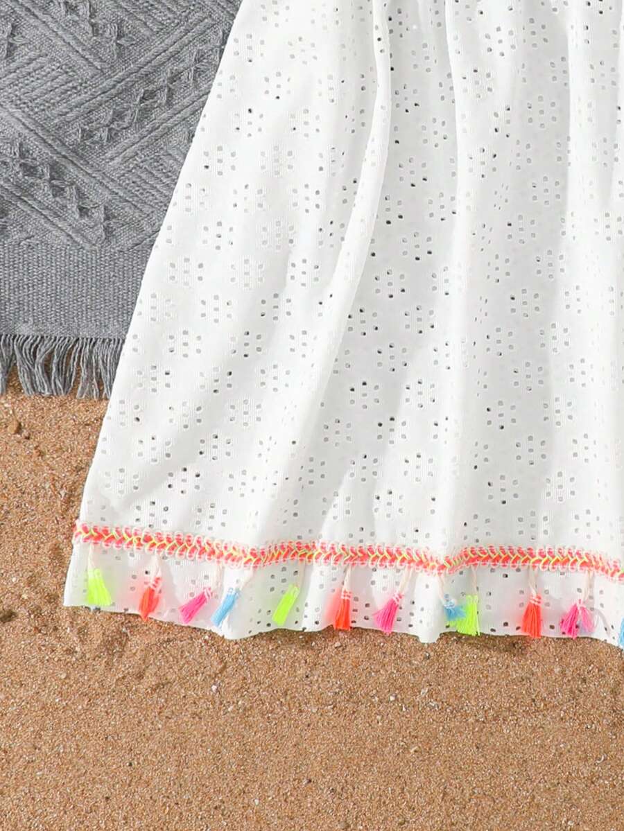 Tween girls apricot sleeveless knit mesh swimwear cover up with V-neck and hollow-out pattern