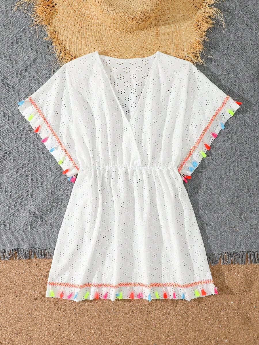 Tween girls apricot sleeveless knit mesh swimwear cover up with V-neck and hollow-out pattern