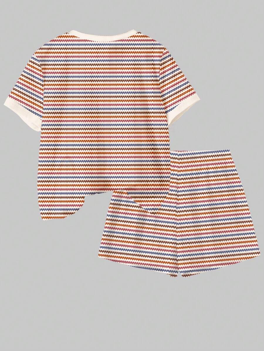 Tween girls multicolor tie-dye 2-piece outfit set featuring a drop-shoulder short-sleeve t-shirt and matching loose track shorts with side pockets.
