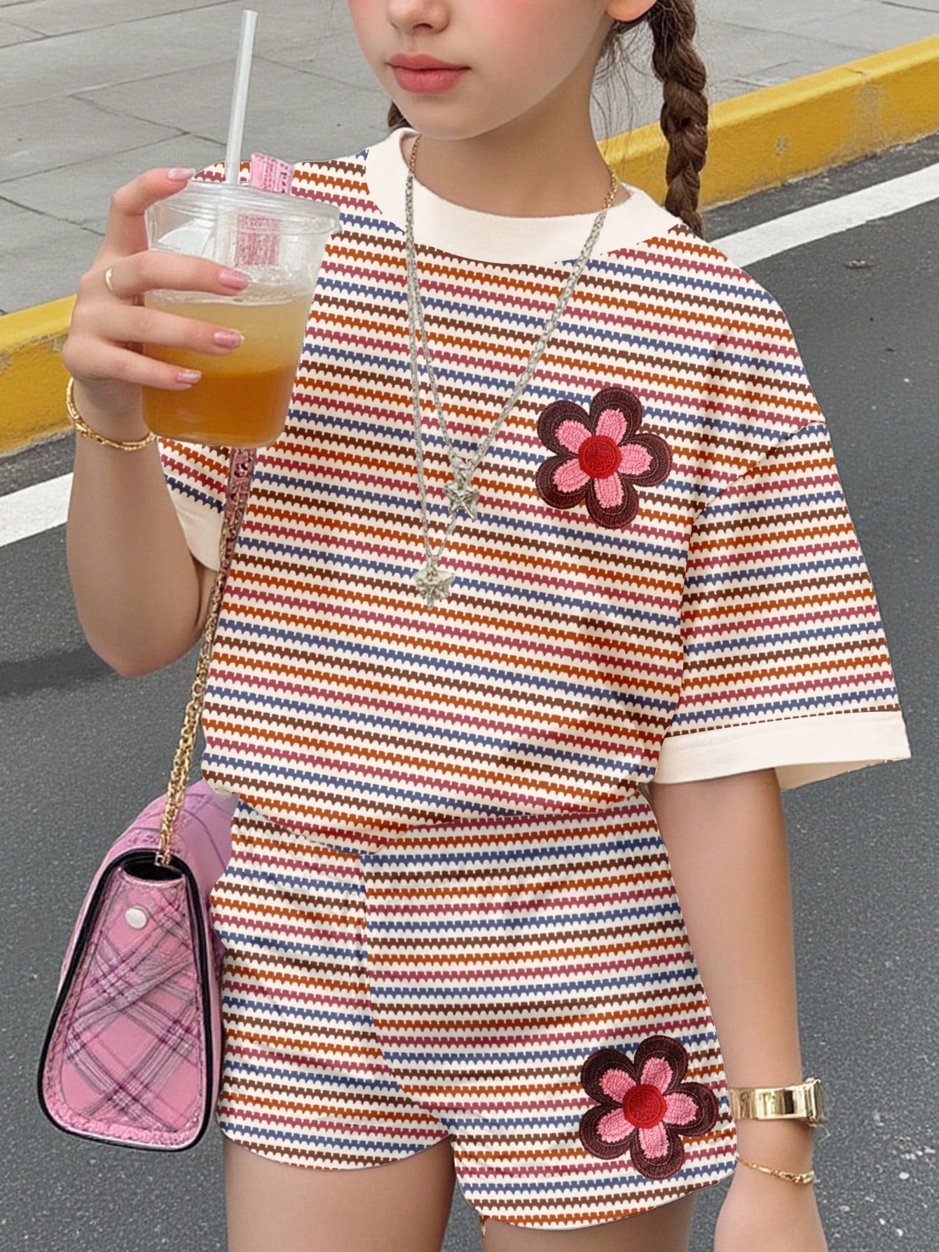 Tween girls multicolor tie-dye 2-piece outfit set featuring a drop-shoulder short-sleeve t-shirt and matching loose track shorts with side pockets.