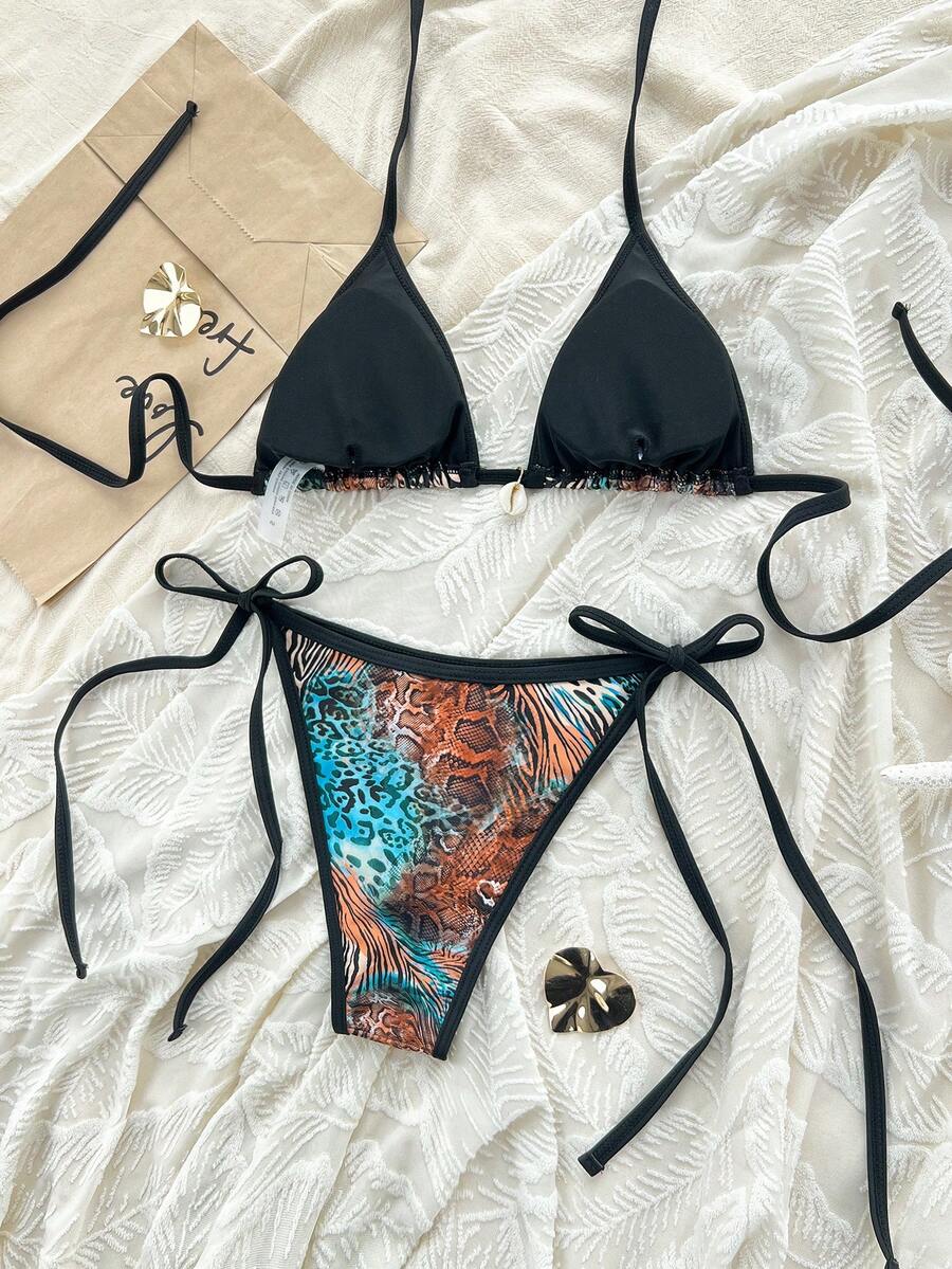 Apricot 2-piece bikini swimwear set featuring a textured halter triangle cup top with knot details and matching tie-side bottoms for women.