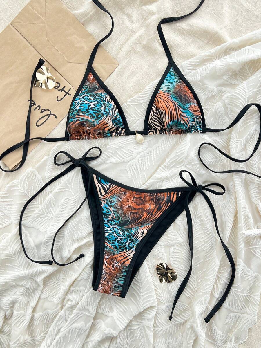 Apricot 2-piece bikini swimwear set featuring a textured halter triangle cup top with knot details and matching tie-side bottoms for women.