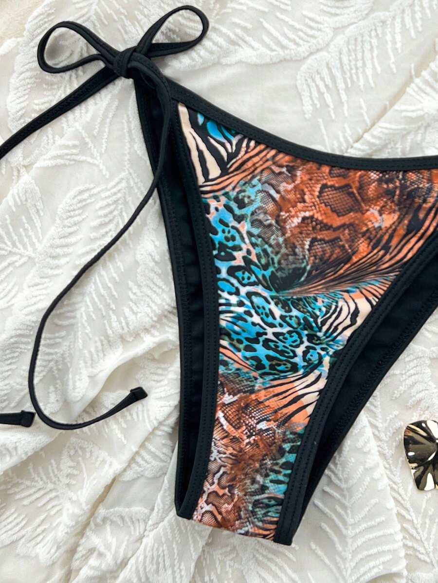 Apricot 2-piece bikini swimwear set featuring a textured halter triangle cup top with knot details and matching tie-side bottoms for women.