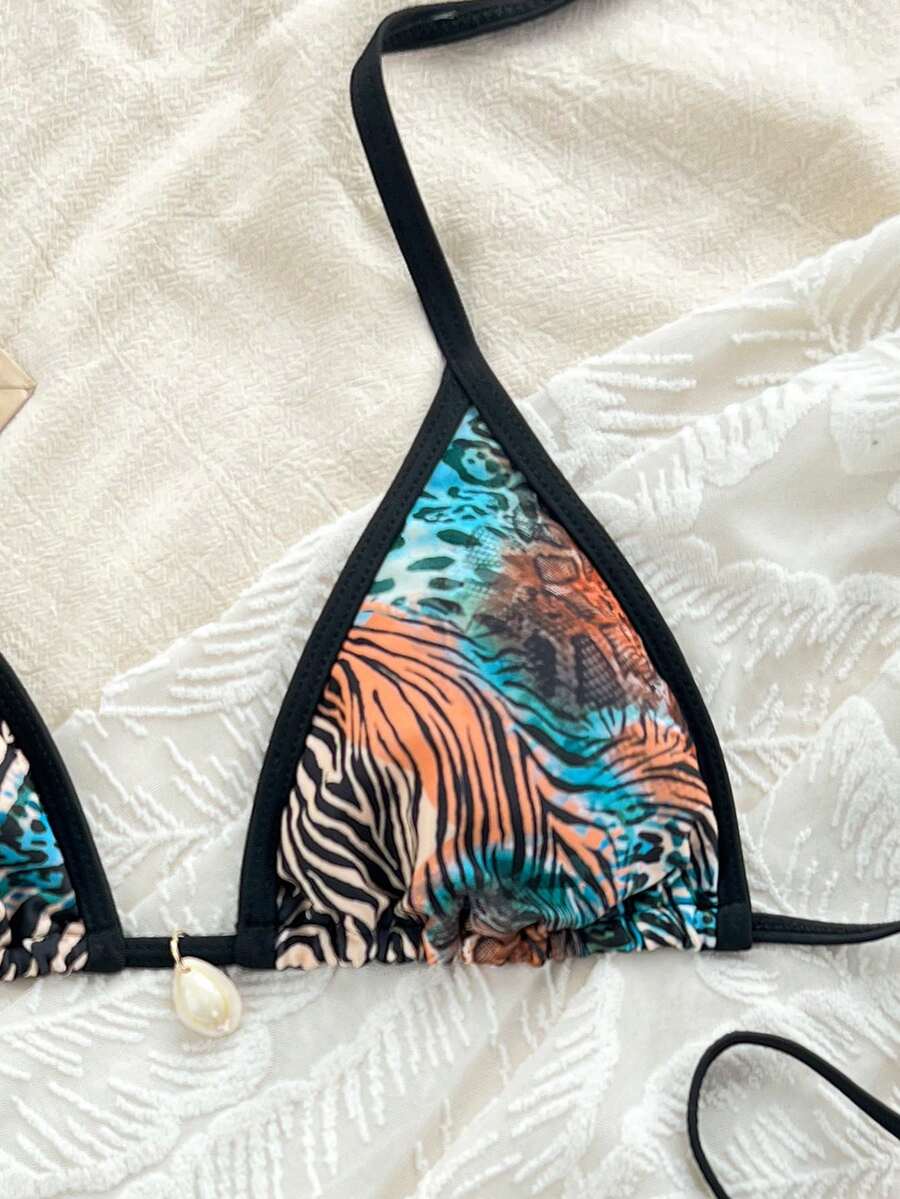 Apricot 2-piece bikini swimwear set featuring a textured halter triangle cup top with knot details and matching tie-side bottoms for women.