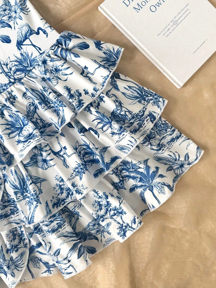 Tween girls blue and white floral halter sundress with shirred detail, sleeveless cami style, high waist, and tiered ruffle hem for vacation wear