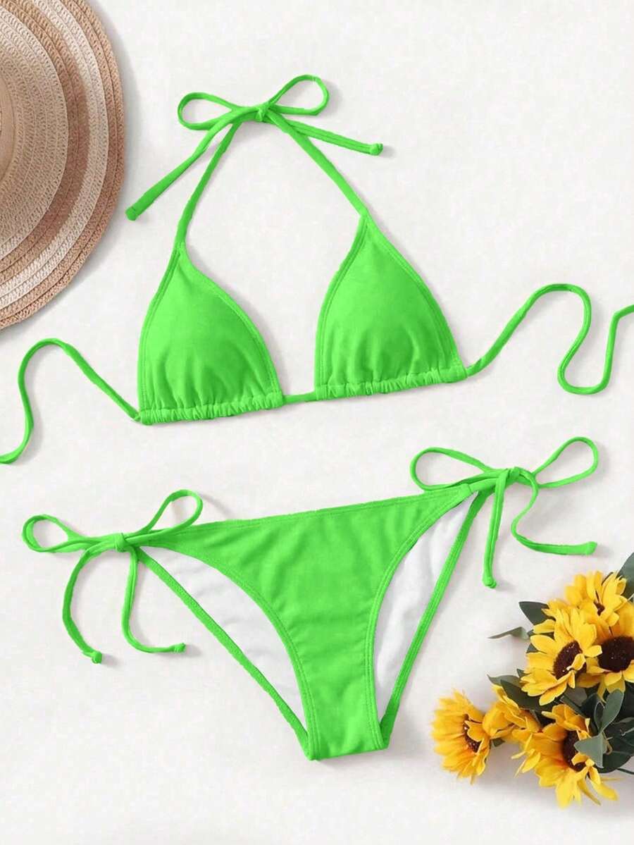 Women's high waist halter tie bikini swimwear set featuring triangle cups, wireless bra with removable padding, and tie side bottoms.