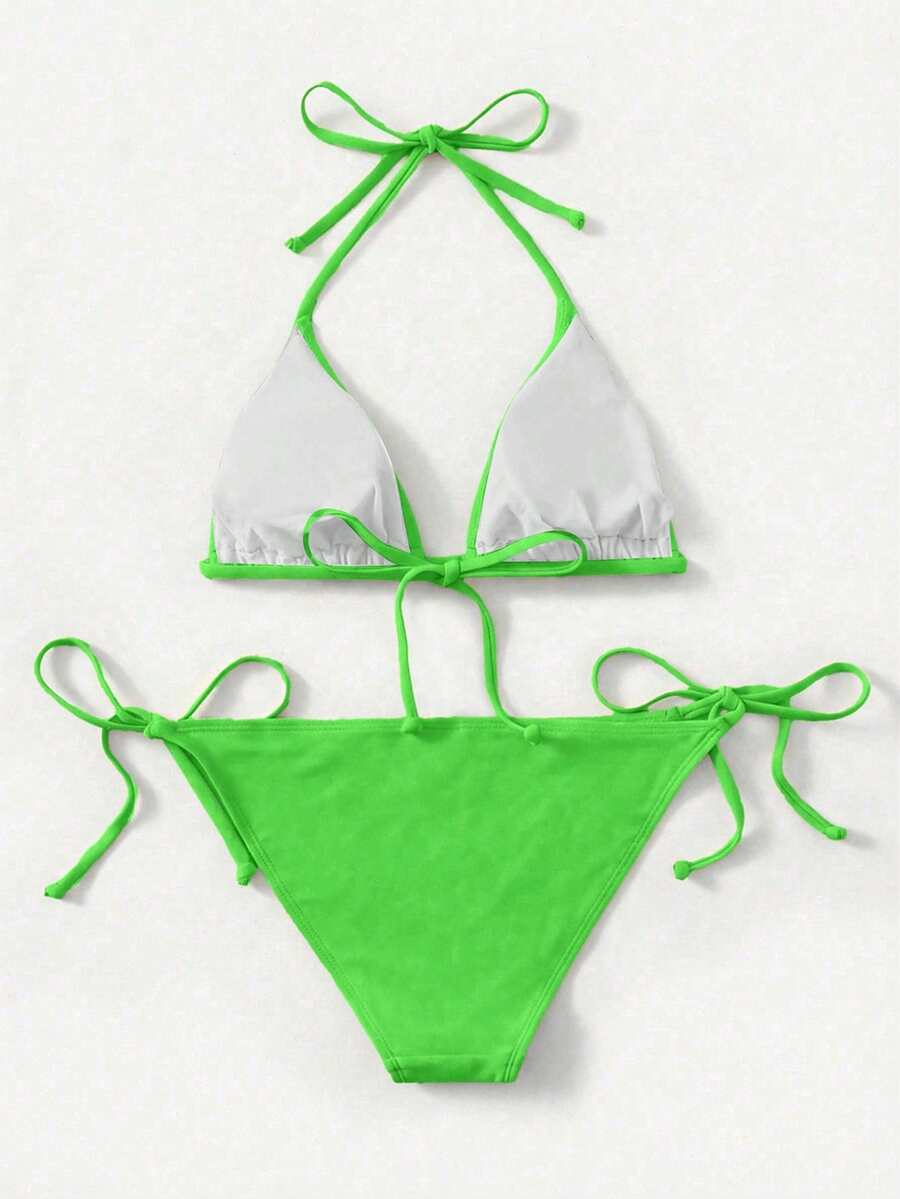 Women's high waist halter tie bikini swimwear set featuring triangle cups, wireless bra with removable padding, and tie side bottoms.