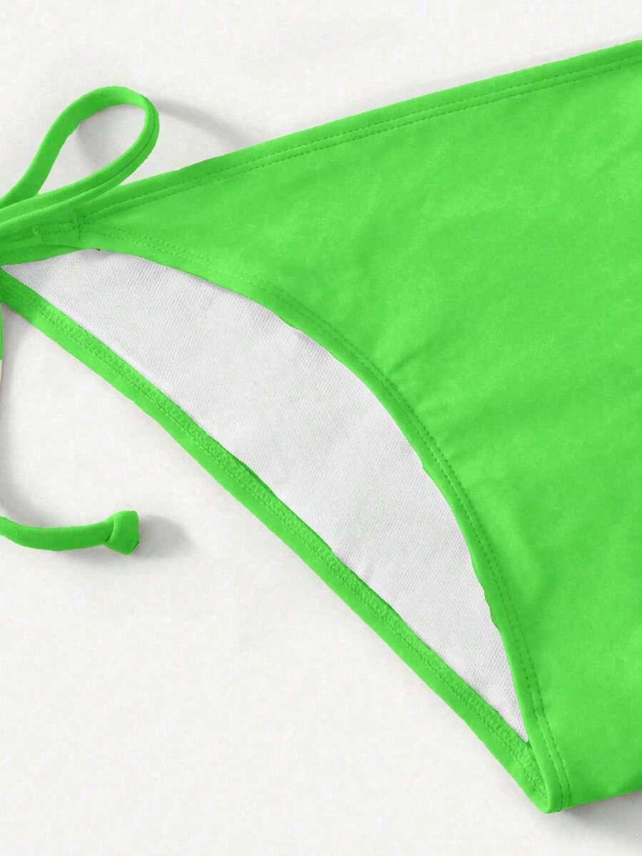 Women's high waist halter tie bikini swimwear set featuring triangle cups, wireless bra with removable padding, and tie side bottoms.