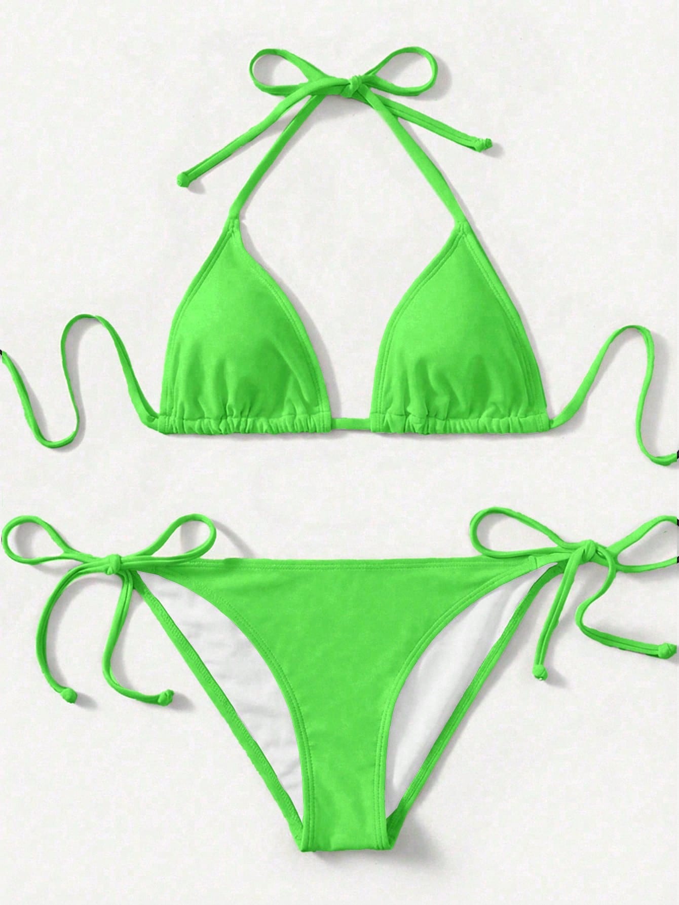 Women's high waist halter tie bikini swimwear set featuring triangle cups, wireless bra with removable padding, and tie side bottoms.
