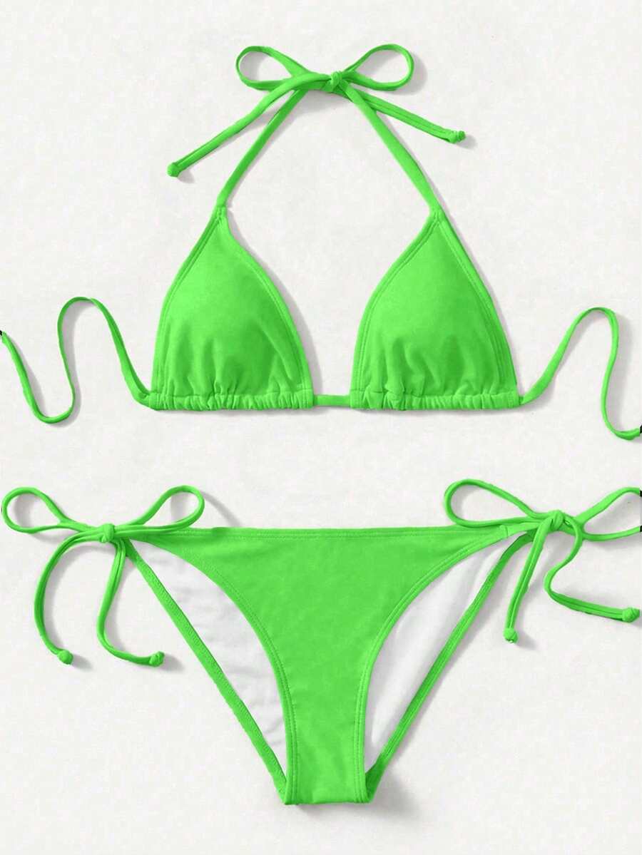 Women's high waist halter tie bikini swimwear set featuring triangle cups, wireless bra with removable padding, and tie side bottoms.