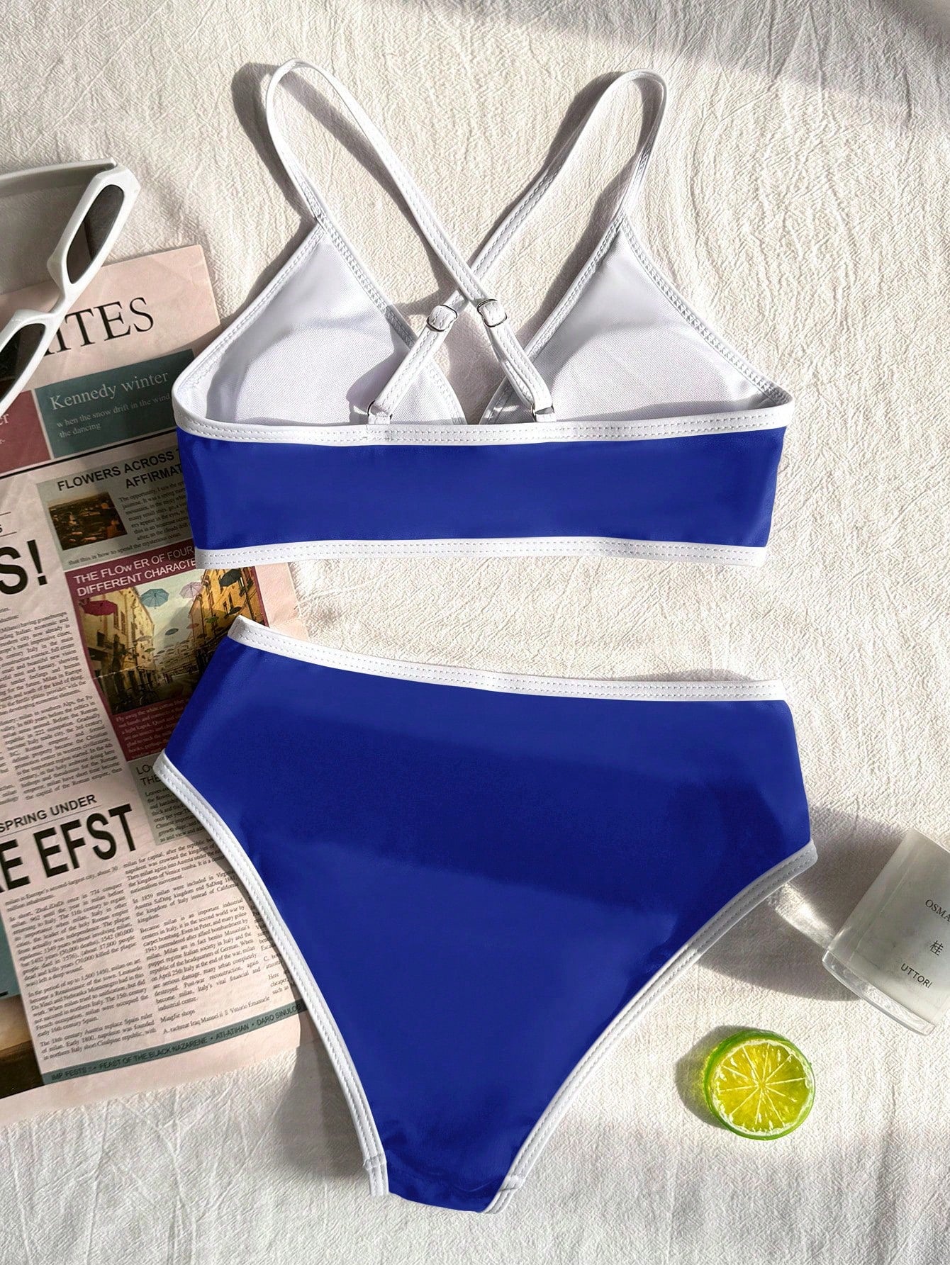 Tween girls green colorblock two-piece bikini set with spaghetti straps, sleeveless wireless top, and lined mid-waist bottoms for beach vacation wear