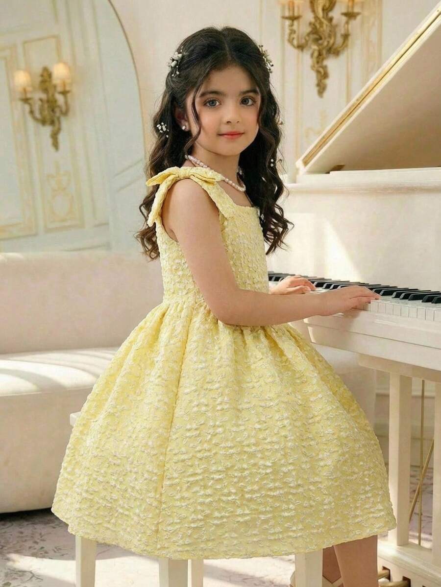Yellow floral sleeveless A-line dress for tween girls featuring high waist, shirred detailing, and decorative bow