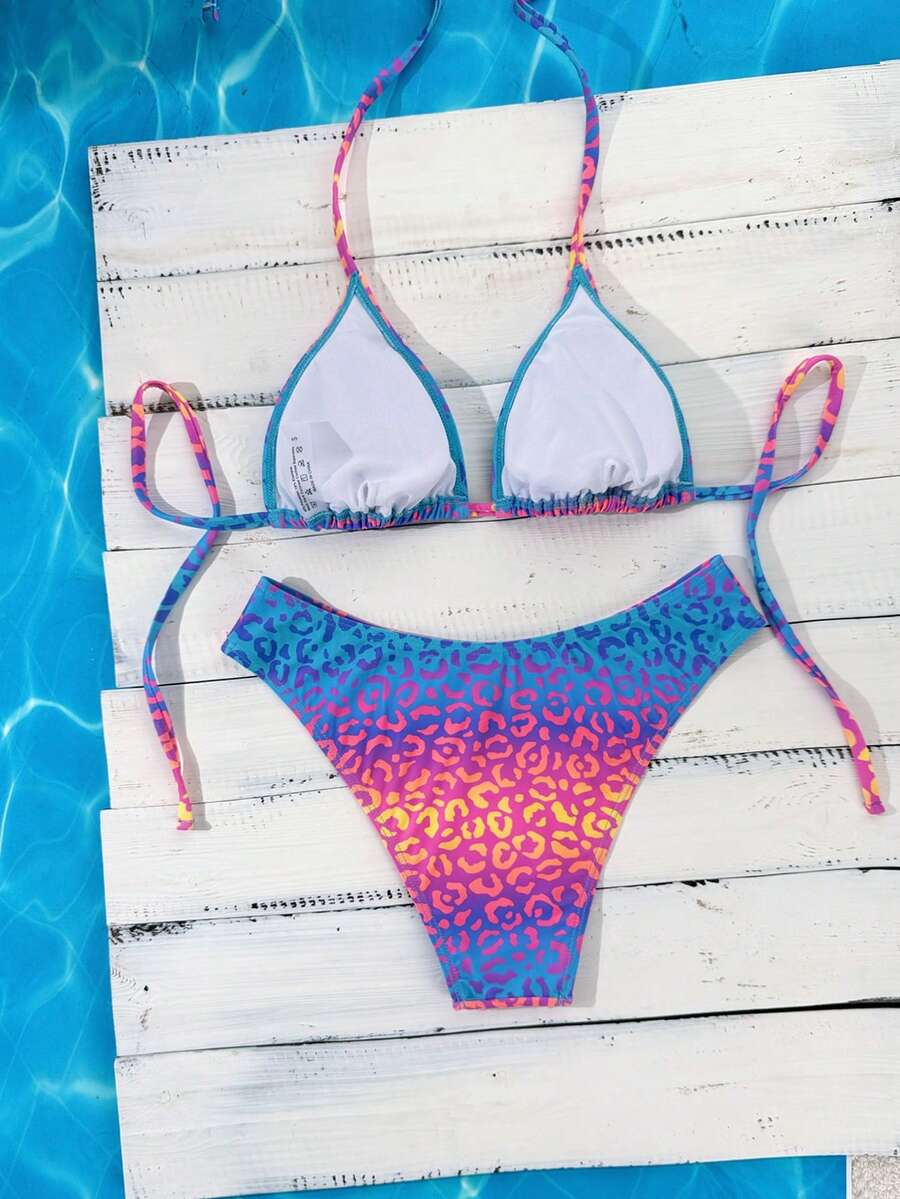 Women's apricot 2-piece halter bikini set featuring a wireless triangle top with tie-back detail and high-waisted high-cut bottoms.