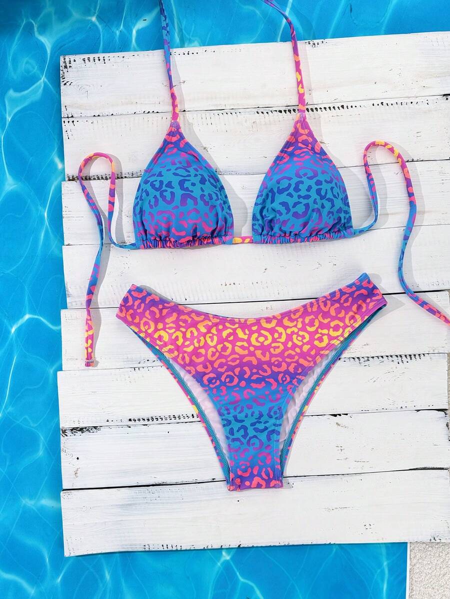 Women's apricot 2-piece halter bikini set featuring a wireless triangle top with tie-back detail and high-waisted high-cut bottoms.