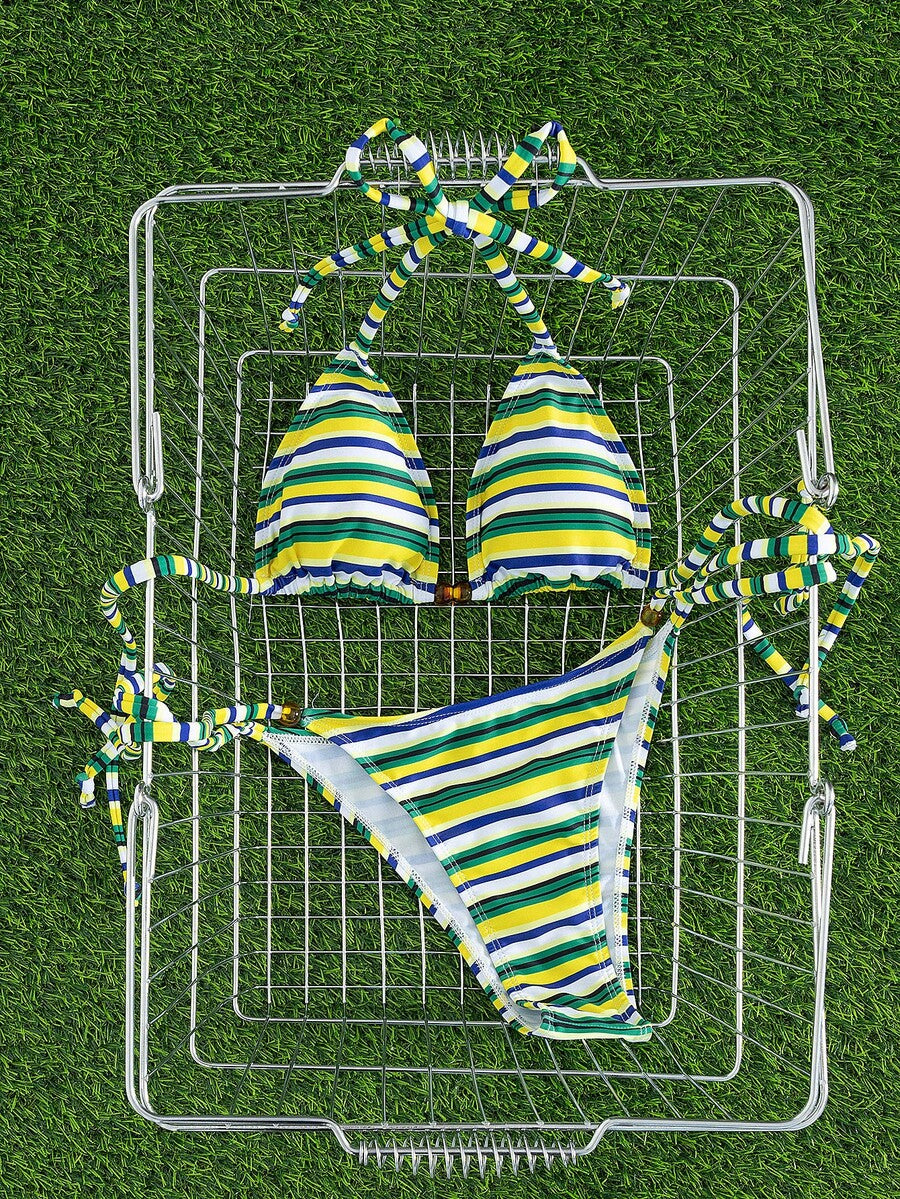 Multicolor women's 2-piece halter triangle bikini set featuring tie-side bottoms and removable padding for beach vacation.