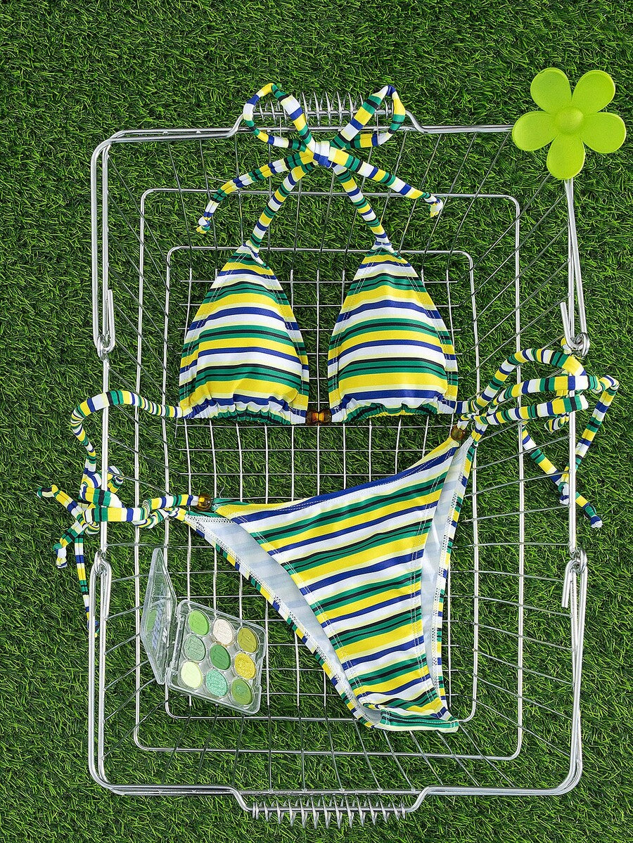 Multicolor women's 2-piece halter triangle bikini set featuring tie-side bottoms and removable padding for beach vacation.