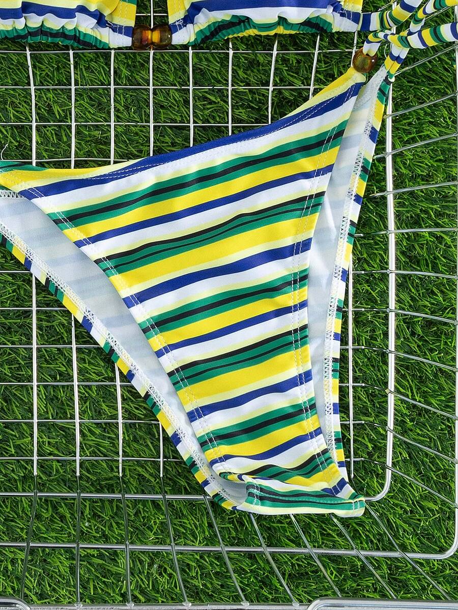 Multicolor women's 2-piece halter triangle bikini set featuring tie-side bottoms and removable padding for beach vacation.
