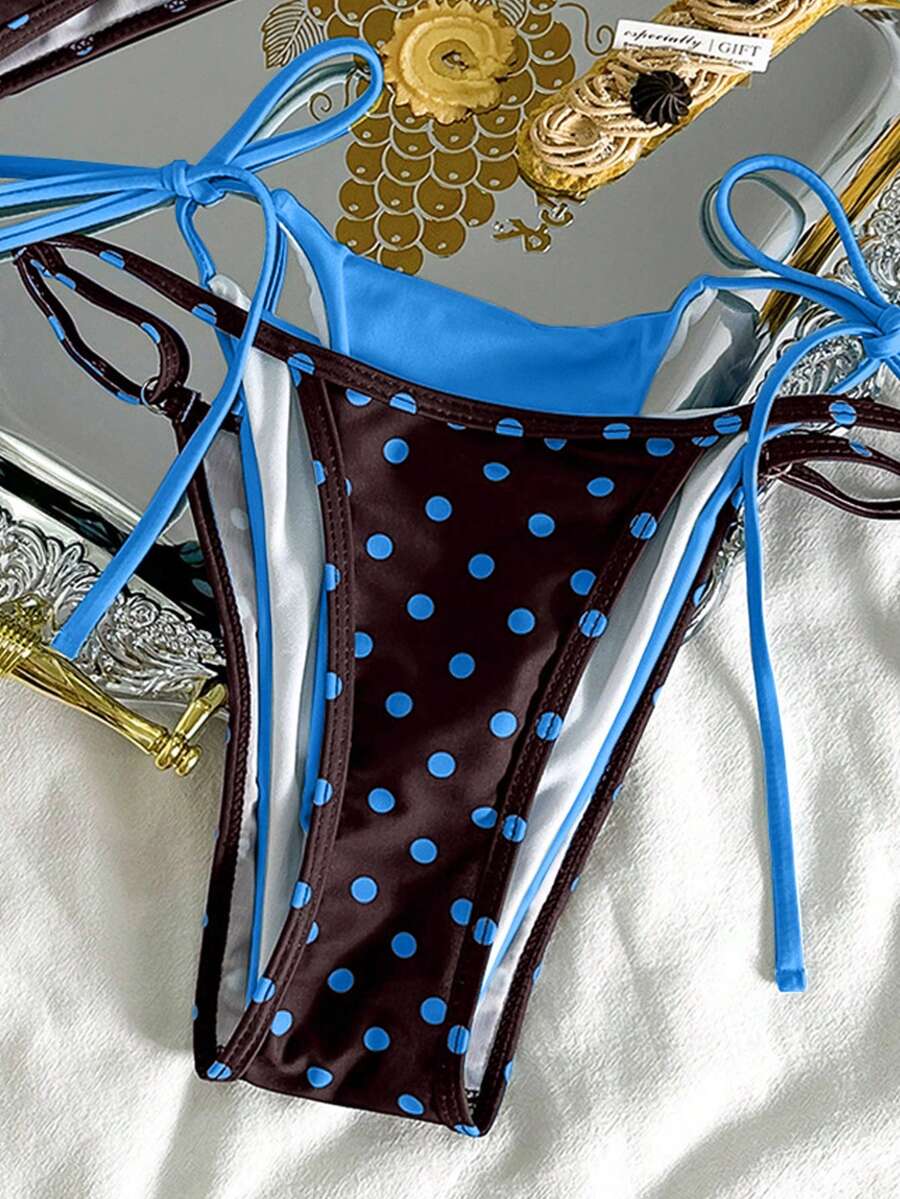 Women's retro polka dot high waist bikini swimsuit set with spaghetti straps and knot tie-back top.