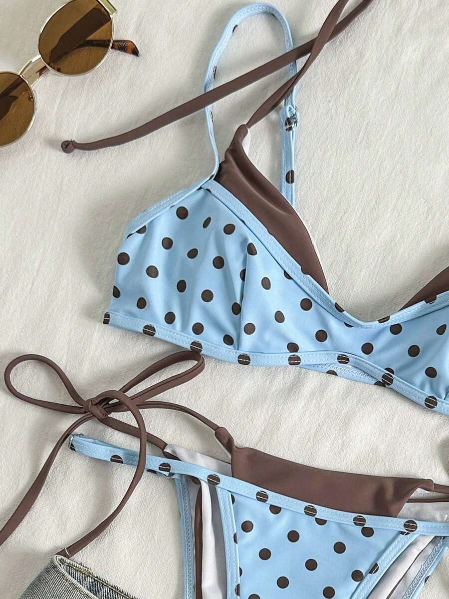 Women's retro polka dot high waist bikini swimsuit set with spaghetti straps and knot tie-back top.
