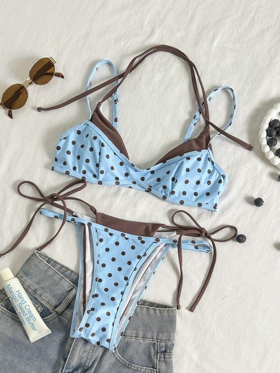 Women's retro polka dot high waist bikini swimsuit set with spaghetti straps and knot tie-back top.