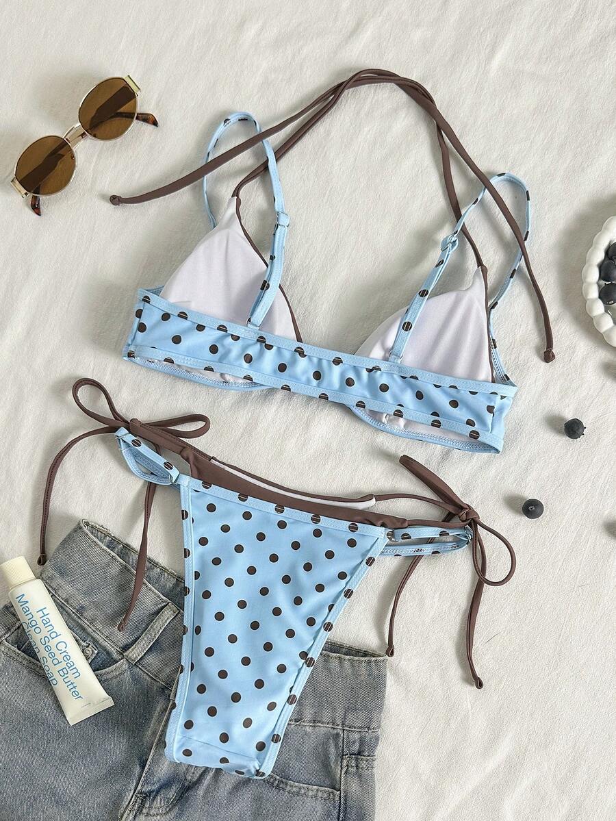 Women's retro polka dot high waist bikini swimsuit set with spaghetti straps and knot tie-back top.