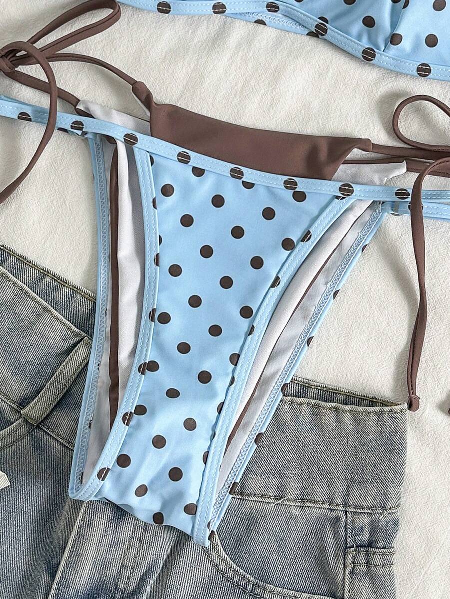 Women's retro polka dot high waist bikini swimsuit set with spaghetti straps and knot tie-back top.