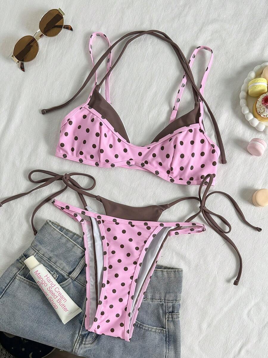 Women's retro polka dot high waist bikini swimsuit set with spaghetti straps and knot tie-back top.