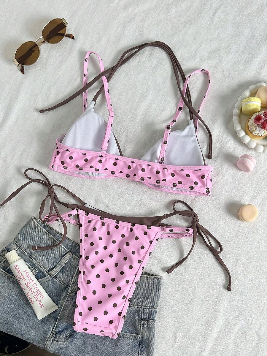 Women's retro polka dot high waist bikini swimsuit set with spaghetti straps and knot tie-back top.
