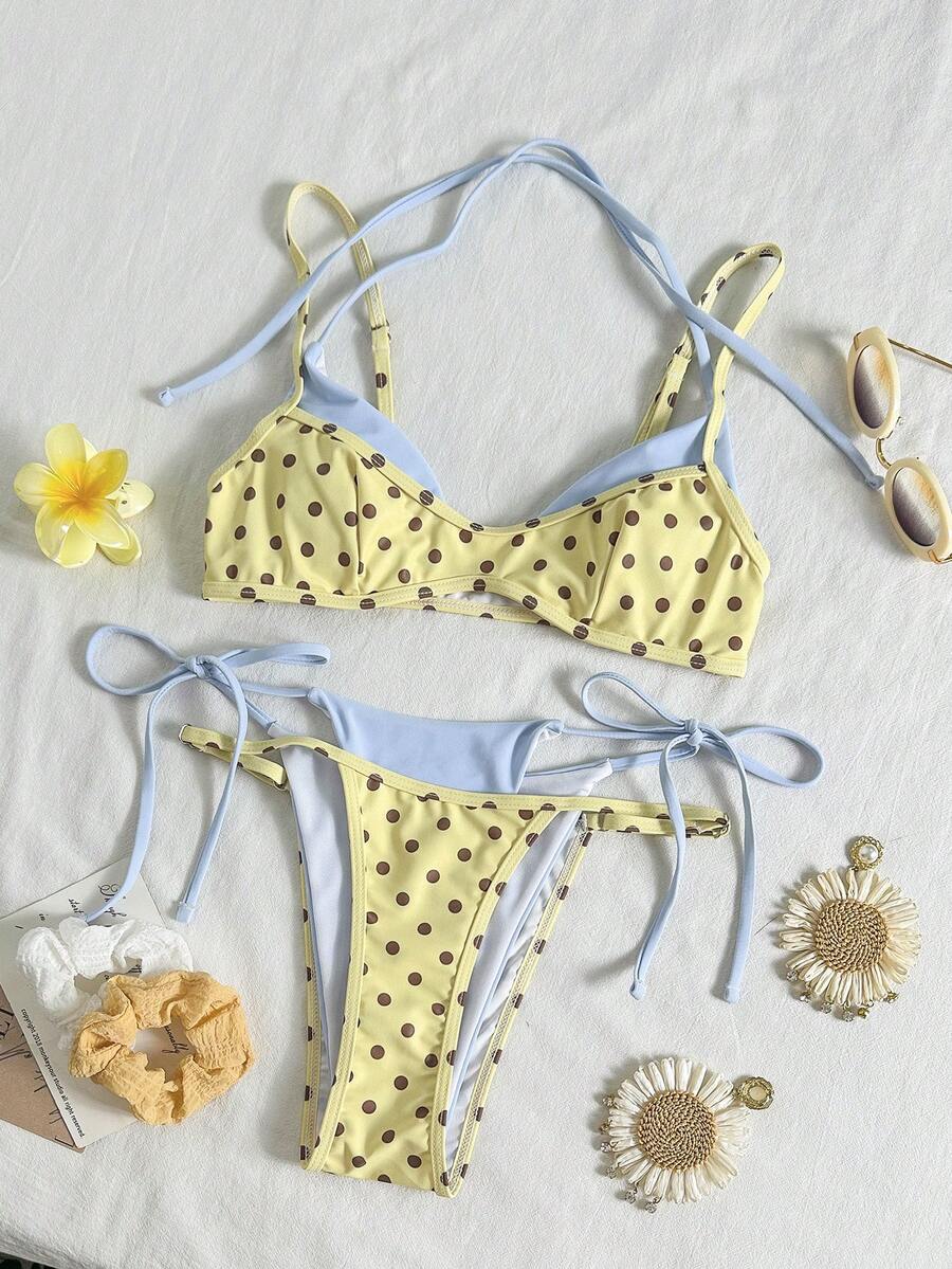 Women's retro polka dot high waist bikini swimsuit set with spaghetti straps and knot tie-back top.