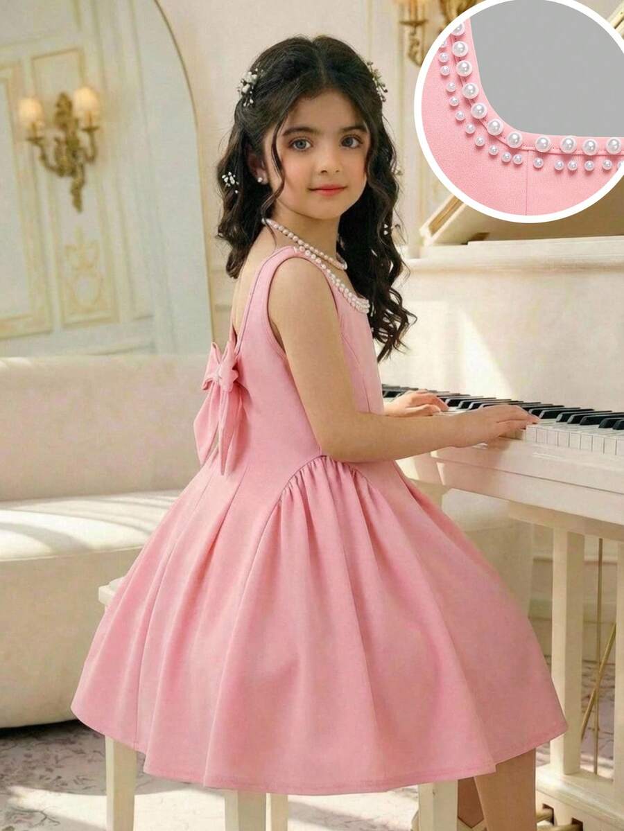 Sleeveless pink square neck A-line dress for tween girls featuring pearl embellishments and a high-waist slim fit design.
