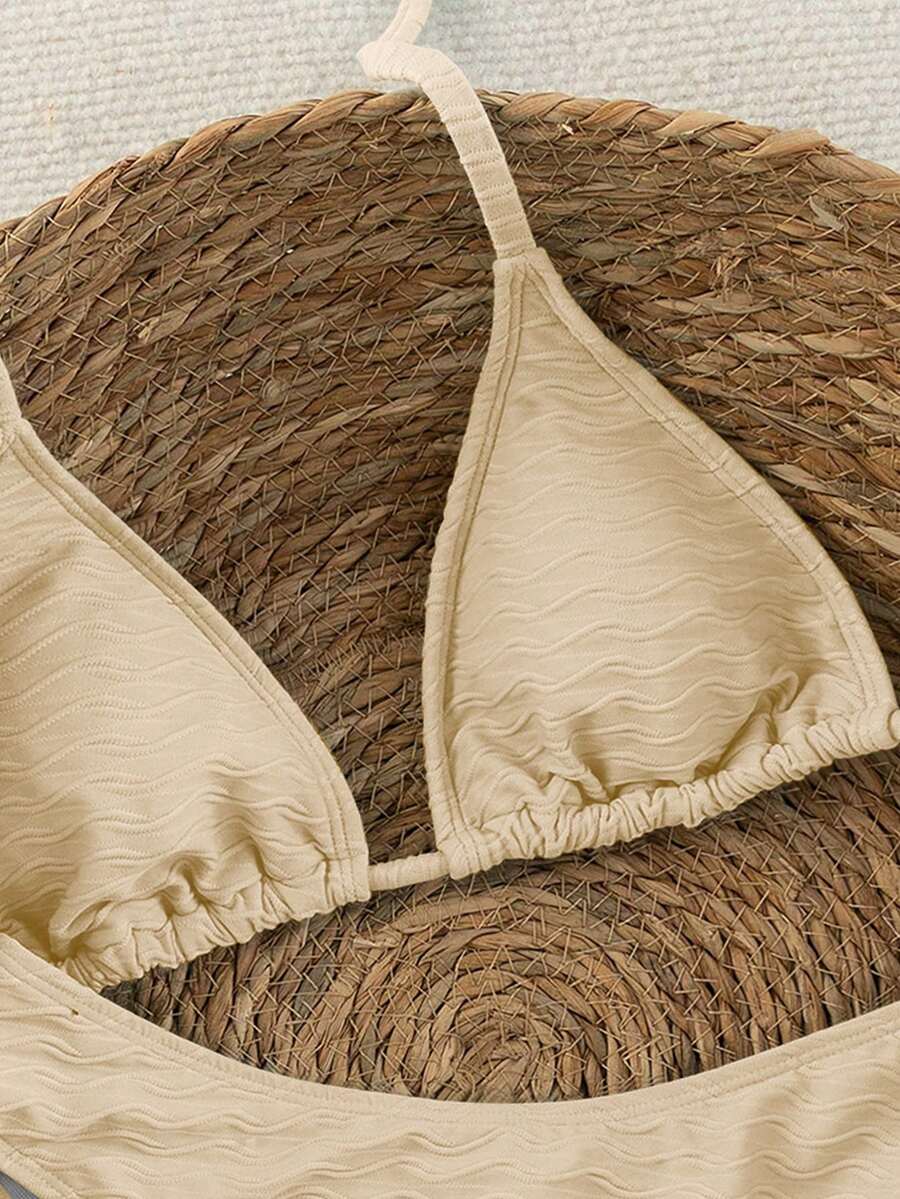 Women's apricot 2-piece halter bikini set featuring a wireless triangle top with tie-back detail and high-waisted high-cut bottoms.