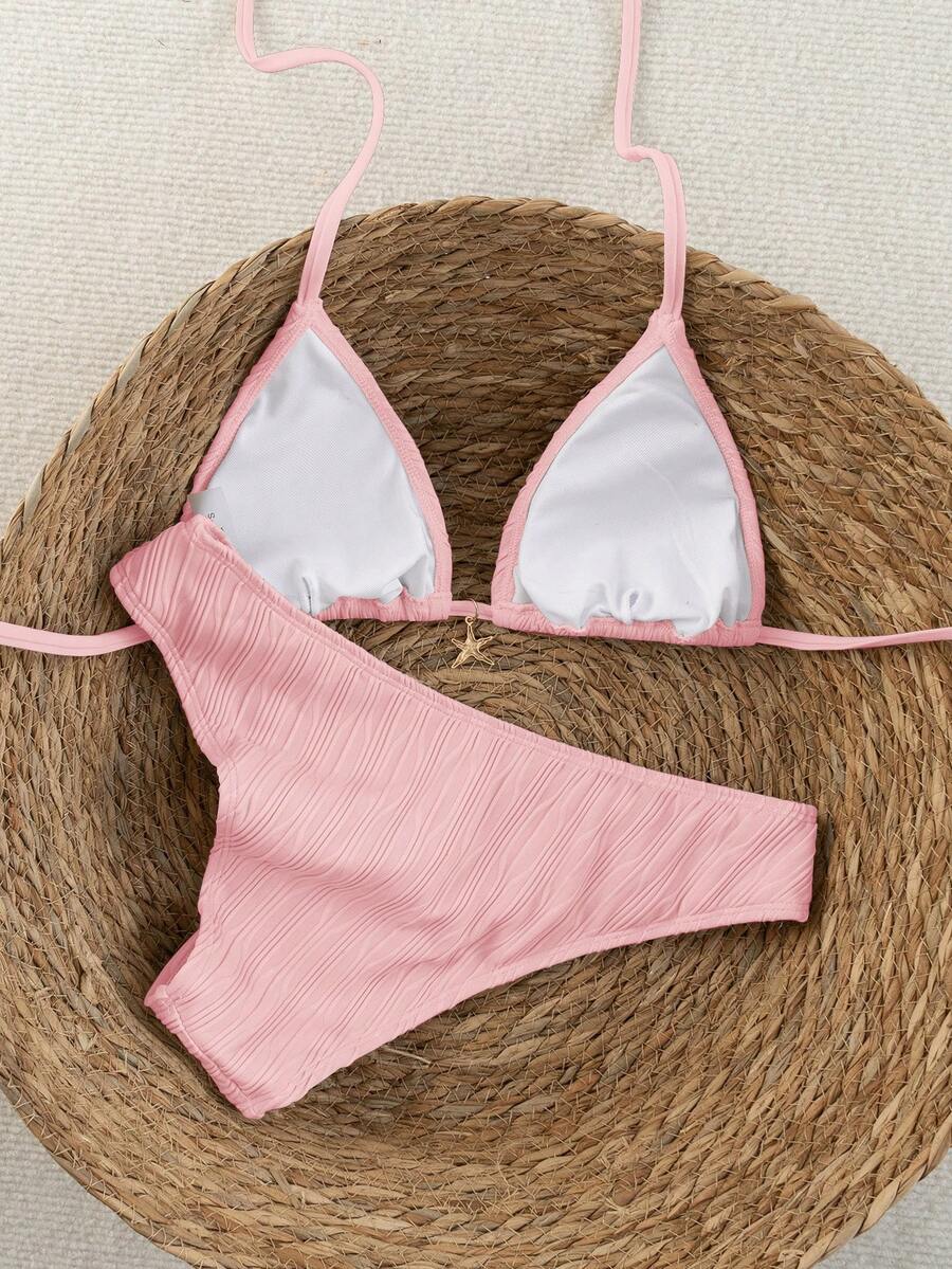 Women's apricot 2-piece halter bikini set featuring a wireless triangle top with tie-back detail and high-waisted high-cut bottoms.