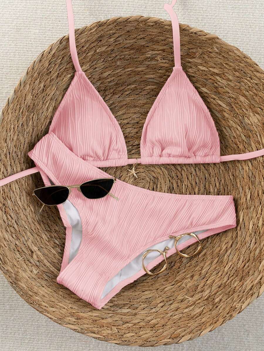Women's apricot 2-piece halter bikini set featuring a wireless triangle top with tie-back detail and high-waisted high-cut bottoms.
