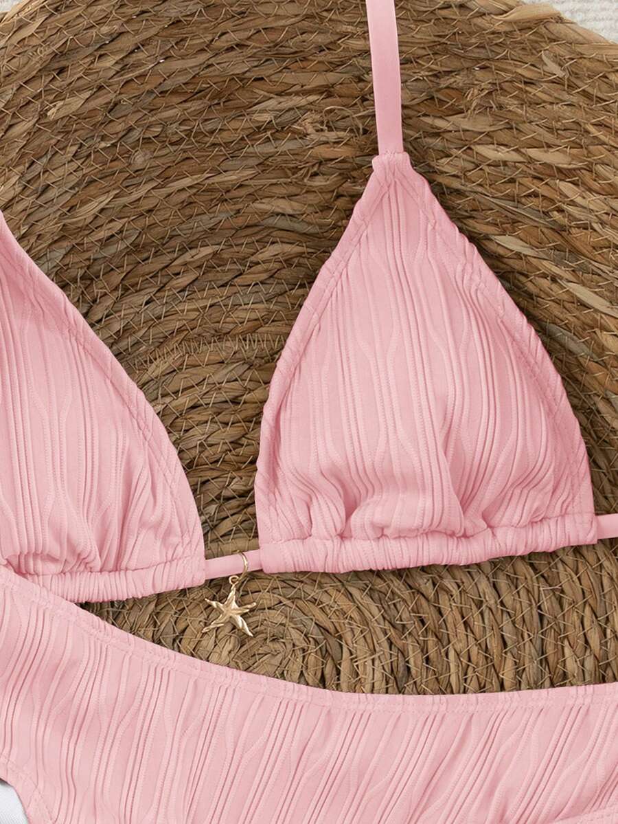 Women's apricot 2-piece halter bikini set featuring a wireless triangle top with tie-back detail and high-waisted high-cut bottoms.
