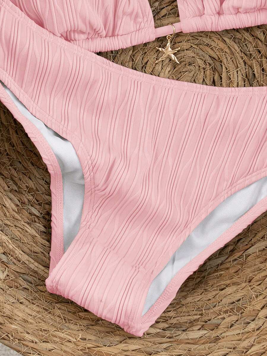 Women's apricot 2-piece halter bikini set featuring a wireless triangle top with tie-back detail and high-waisted high-cut bottoms.
