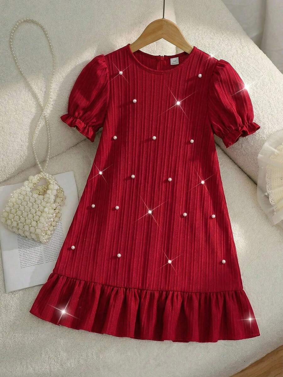 Tween girl blue and white striped A-line casual dress featuring round neck, puff short sleeves, high waist, and flounce ruffle hem.