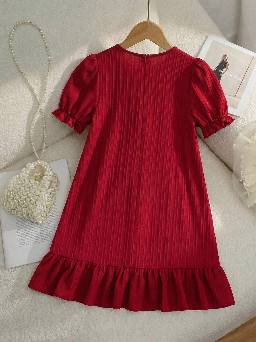 Tween girl blue and white striped A-line casual dress featuring round neck, puff short sleeves, high waist, and flounce ruffle hem.