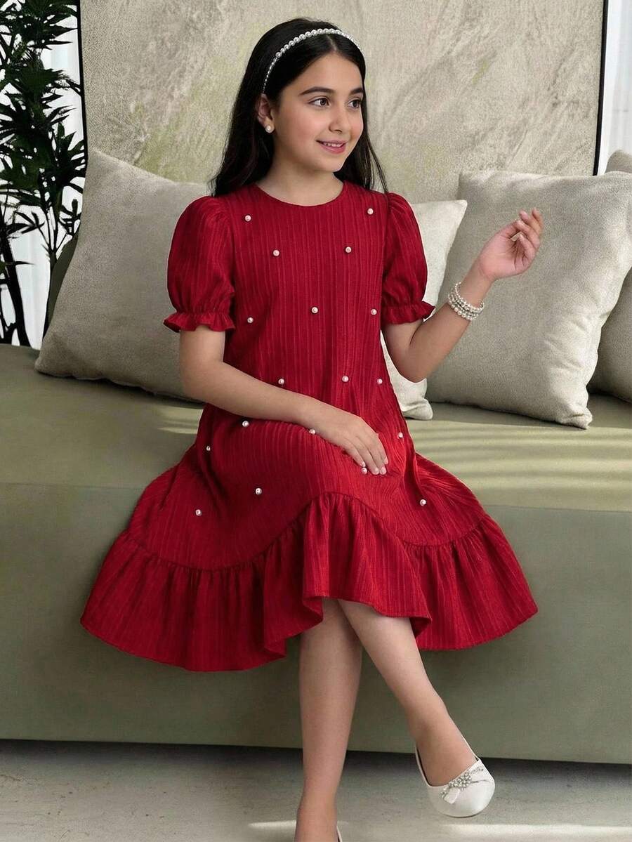 Tween girl blue and white striped A-line casual dress featuring round neck, puff short sleeves, high waist, and flounce ruffle hem.
