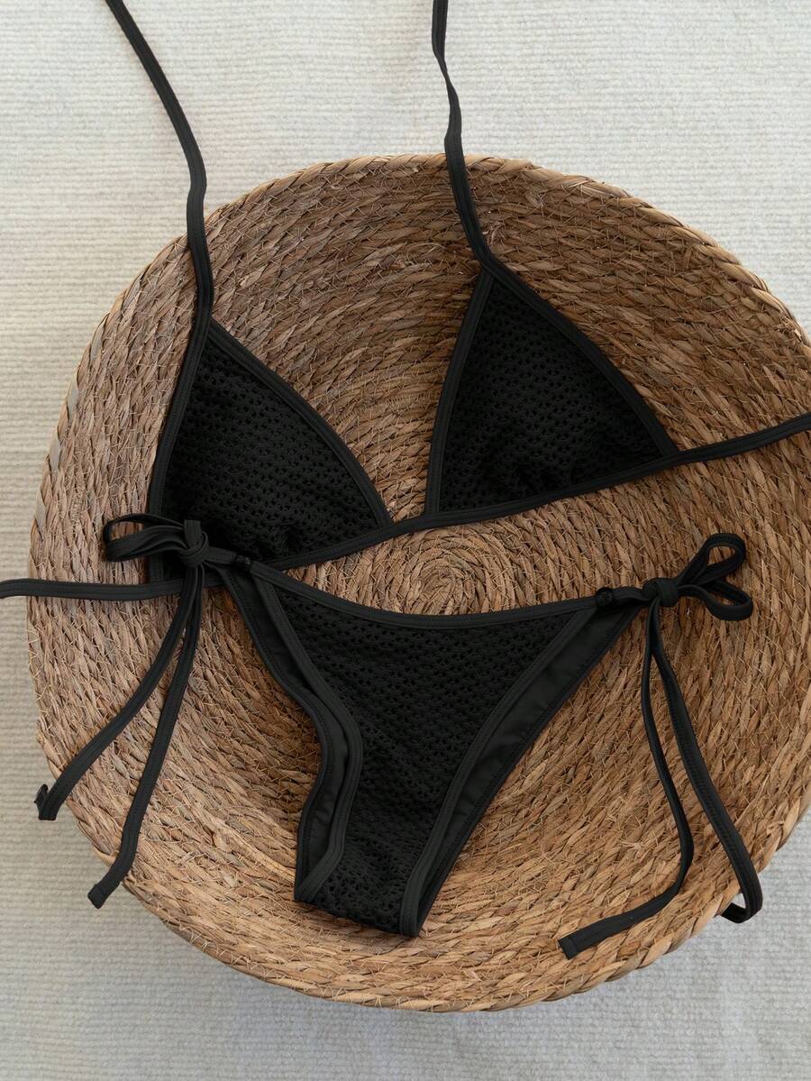 Women's apricot solid halter tie bikini top with triangle cups and matching tie-side swimsuit bottoms.