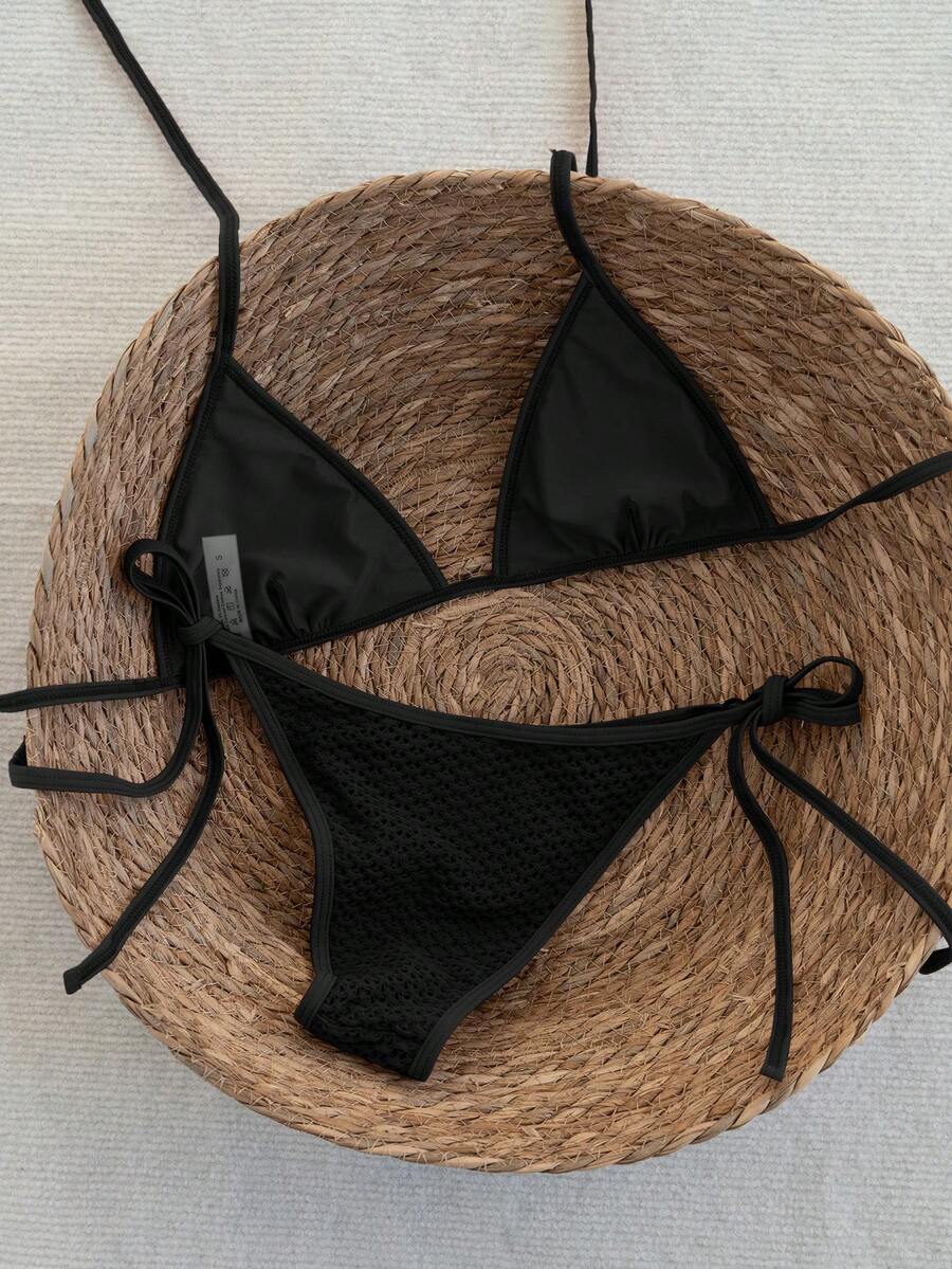 Women's apricot solid halter tie bikini top with triangle cups and matching tie-side swimsuit bottoms.
