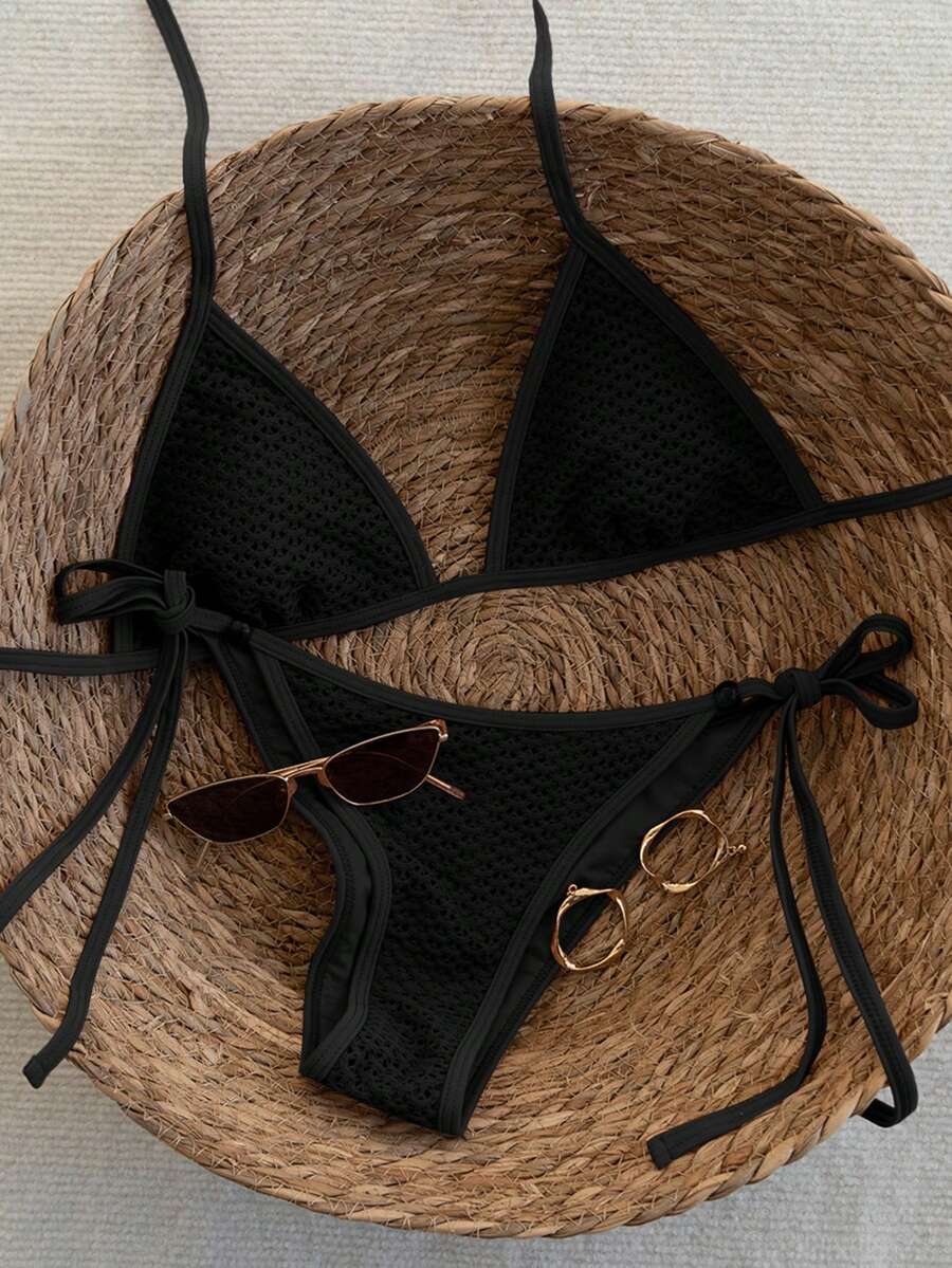 Women's apricot solid halter tie bikini top with triangle cups and matching tie-side swimsuit bottoms.