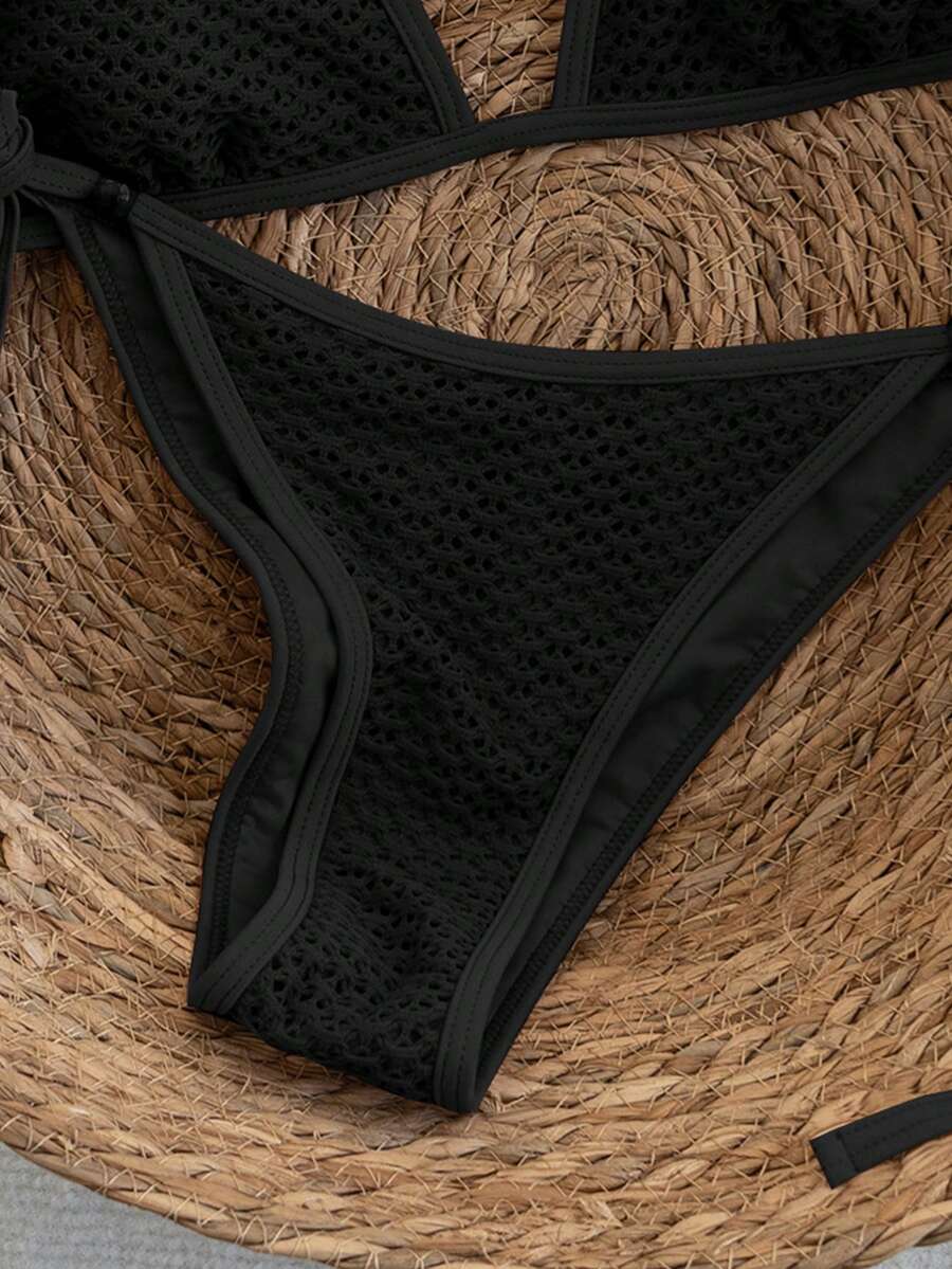 Women's apricot solid halter tie bikini top with triangle cups and matching tie-side swimsuit bottoms.