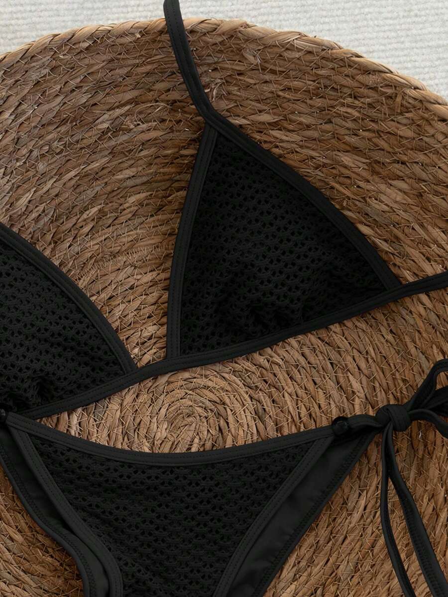 Women's apricot solid halter tie bikini top with triangle cups and matching tie-side swimsuit bottoms.