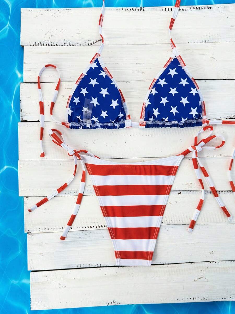 Women's apricot solid halter tie bikini top with triangle cups and matching tie-side swimsuit bottoms.