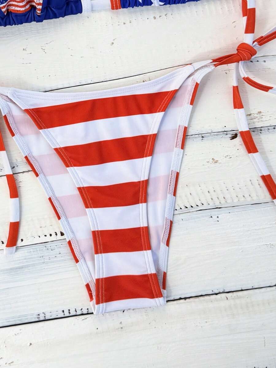 Women's apricot solid halter tie bikini top with triangle cups and matching tie-side swimsuit bottoms.
