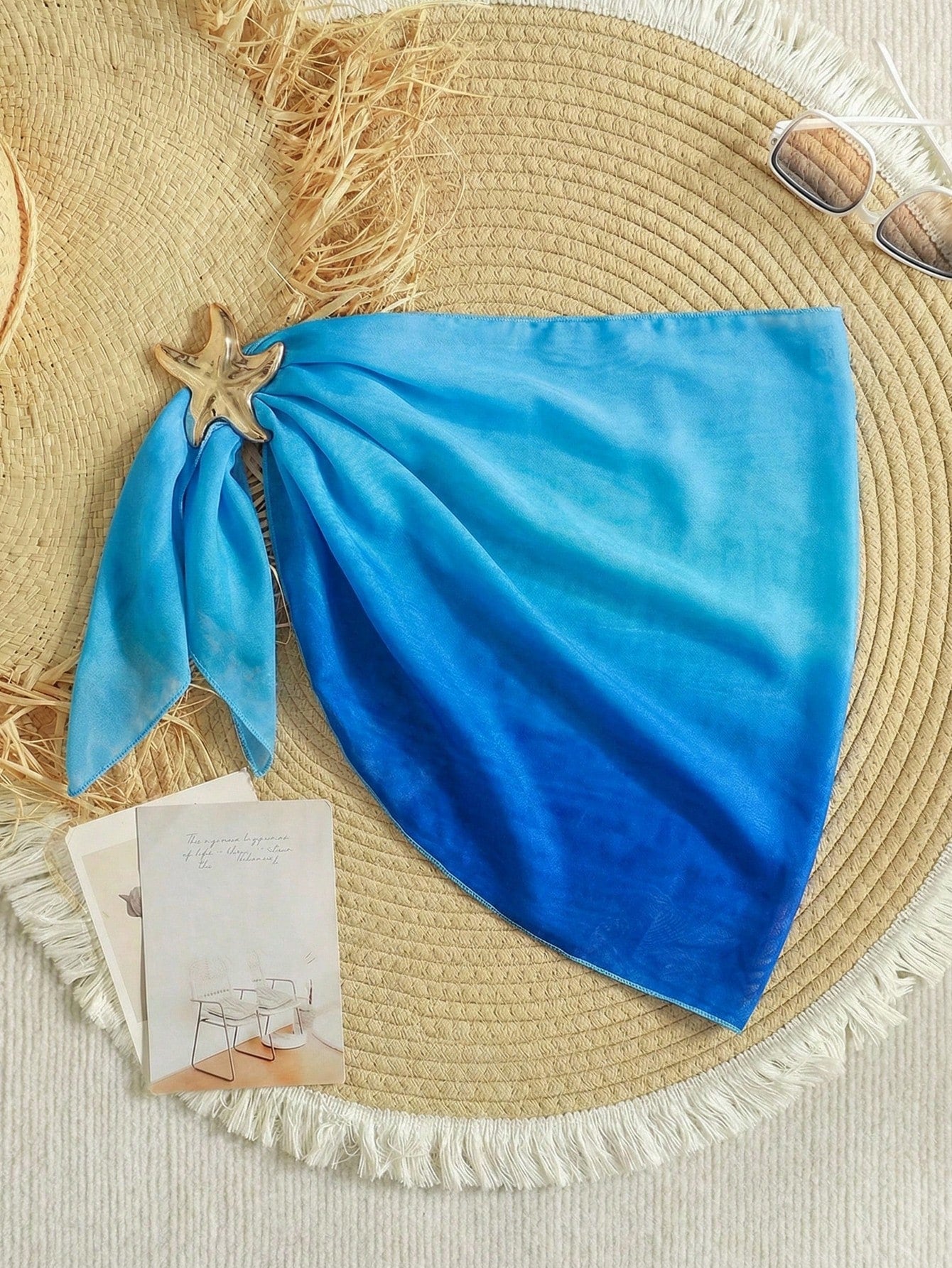 Black sheer beach wrap sarong for tween girls with metal starfish decor and asymmetrical short silhouette