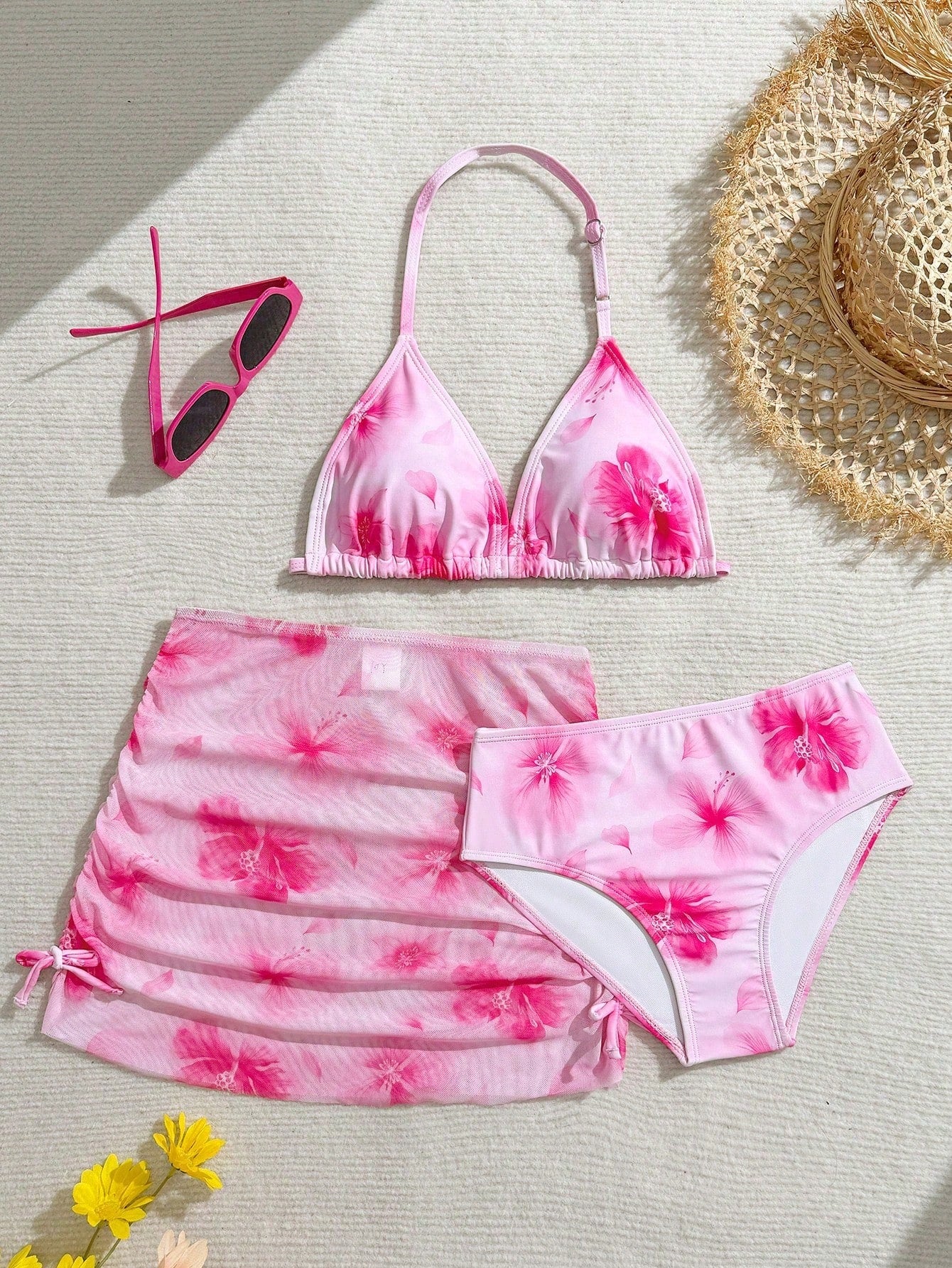 Tween Girls 3-Piece Bikini Set,Brown Polko Dot,Cute,Summer,Beach,Vacation,Holiday,Pink Striped Halter Top,Adjustable Back,Skirt Bottoms,Bathing Suits