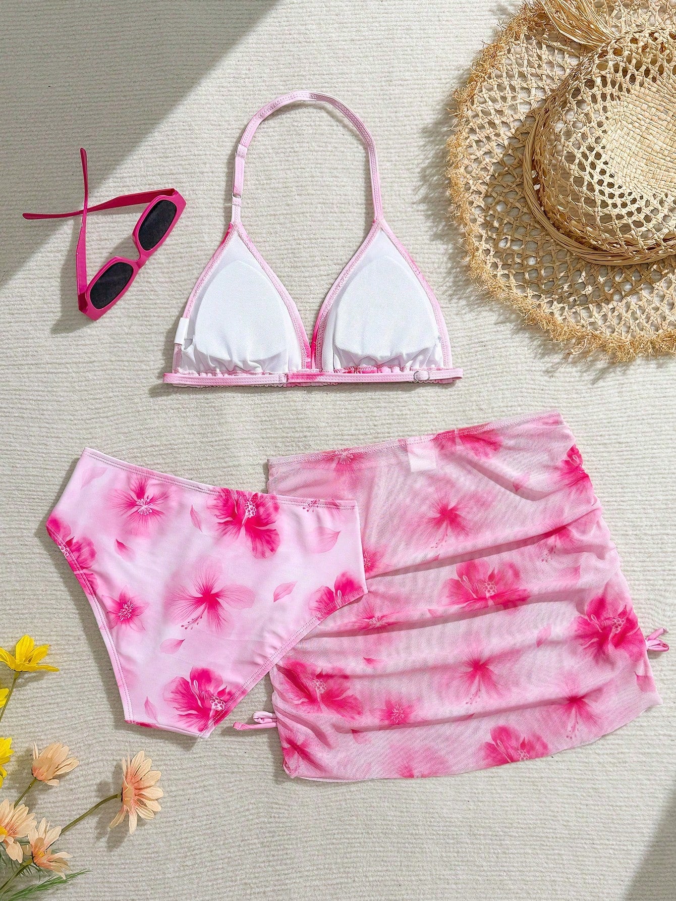 Tween Girls 3-Piece Bikini Set,Brown Polko Dot,Cute,Summer,Beach,Vacation,Holiday,Pink Striped Halter Top,Adjustable Back,Skirt Bottoms,Bathing Suits