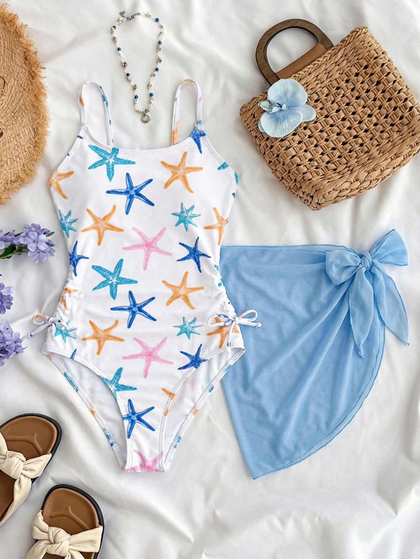 Tween Girls Blue White Vacation Ditsy Floral Side Bow Decor Casual One-Piece Swimwear With Cover-Up Skirt Starfish Beach Set Outfit Bathing Suit