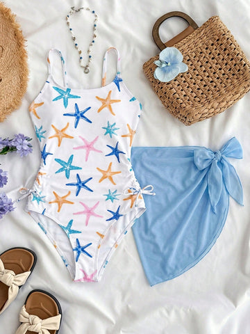 Tween Girls Blue White Vacation Ditsy Floral Side Bow Decor Casual One-Piece Swimwear With Cover-Up Skirt Starfish Beach Set Outfit Bathing Suit